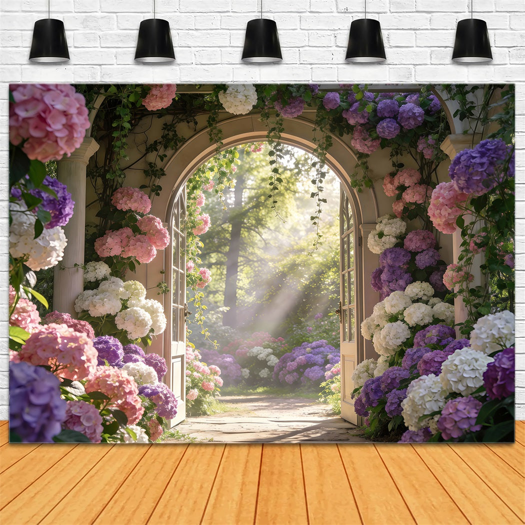 Toile de Fond Photo Jardin Enchanté Arche Florale Hortensias Soleil RR62-13