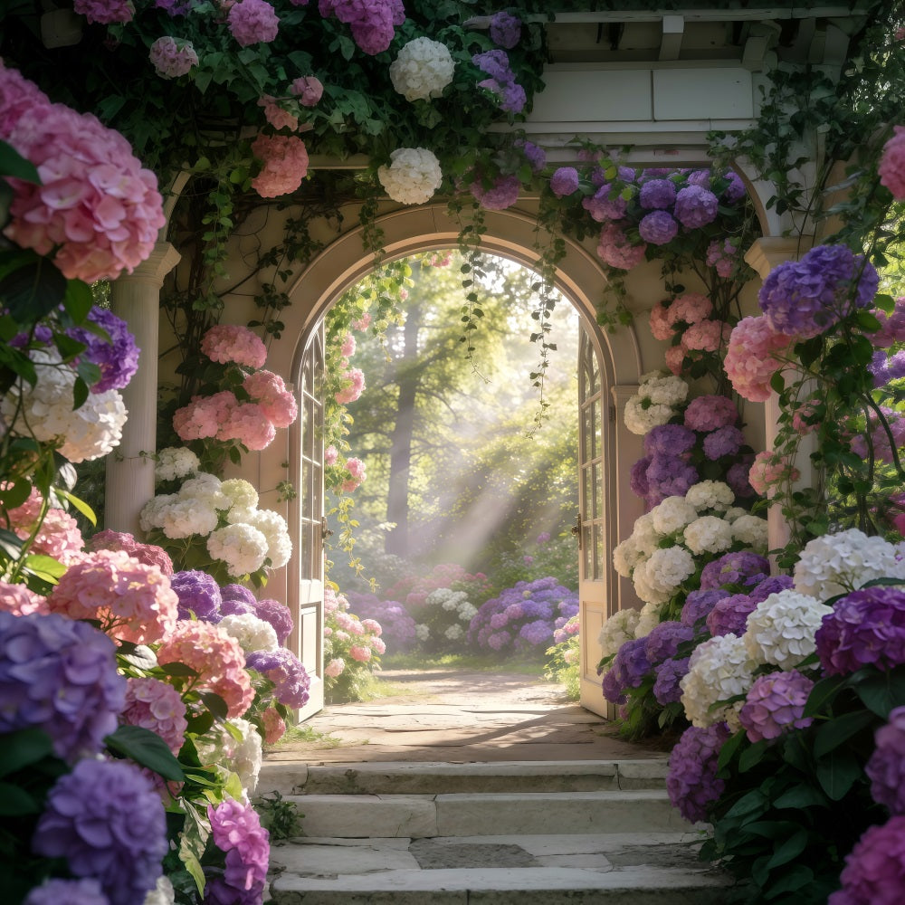 Toile de Fond Photo Jardin Enchanté Arche Florale Hortensias Soleil RR62-13