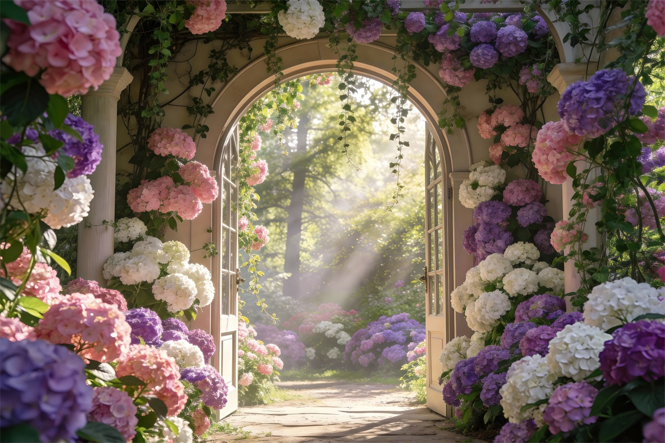 Toile de Fond Photo Jardin Enchanté Arche Florale Hortensias Soleil RR62-13