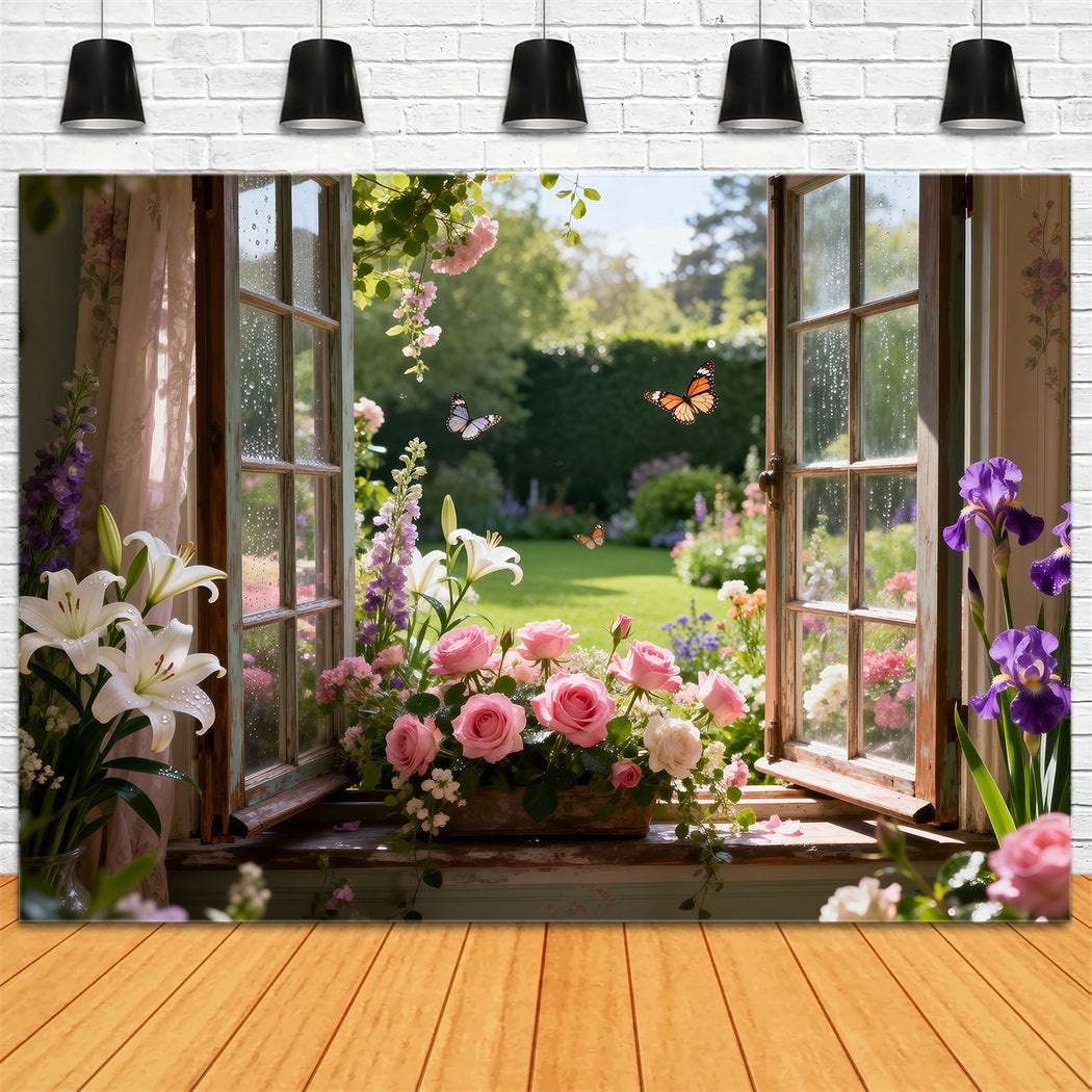 Fond Photo Papillon Fenêtre Jardin Lys Roses En Fleurs RR62-17