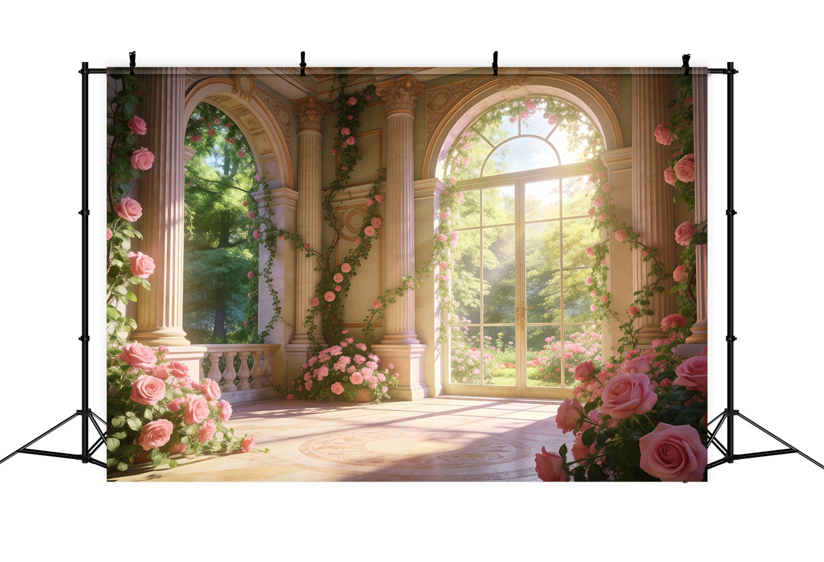 Toile de Fond Roseraie Fleurs Palais Élégant Lumière Du Soleil RR62-20