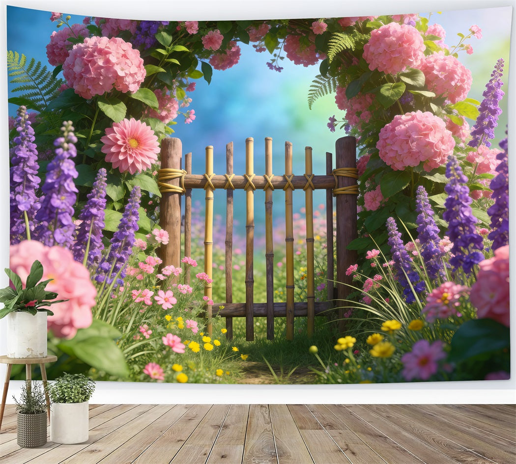 Toile de Fond Guirlande de Fleurs Sauvages Portail Bambou Prairie Pastel RR62-23