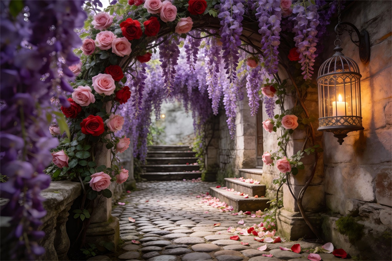 Fond Photo Jardin Fleuri Passage Pierre Glycine Roses RR62-25