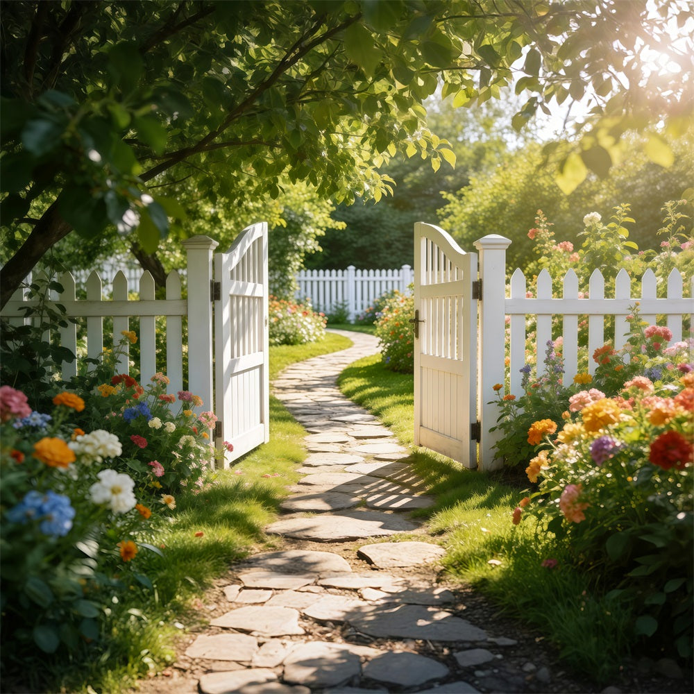 Toile de Fond Photo Jardin Enchanté Clôture Blanche Sentier Prairie RR62-27