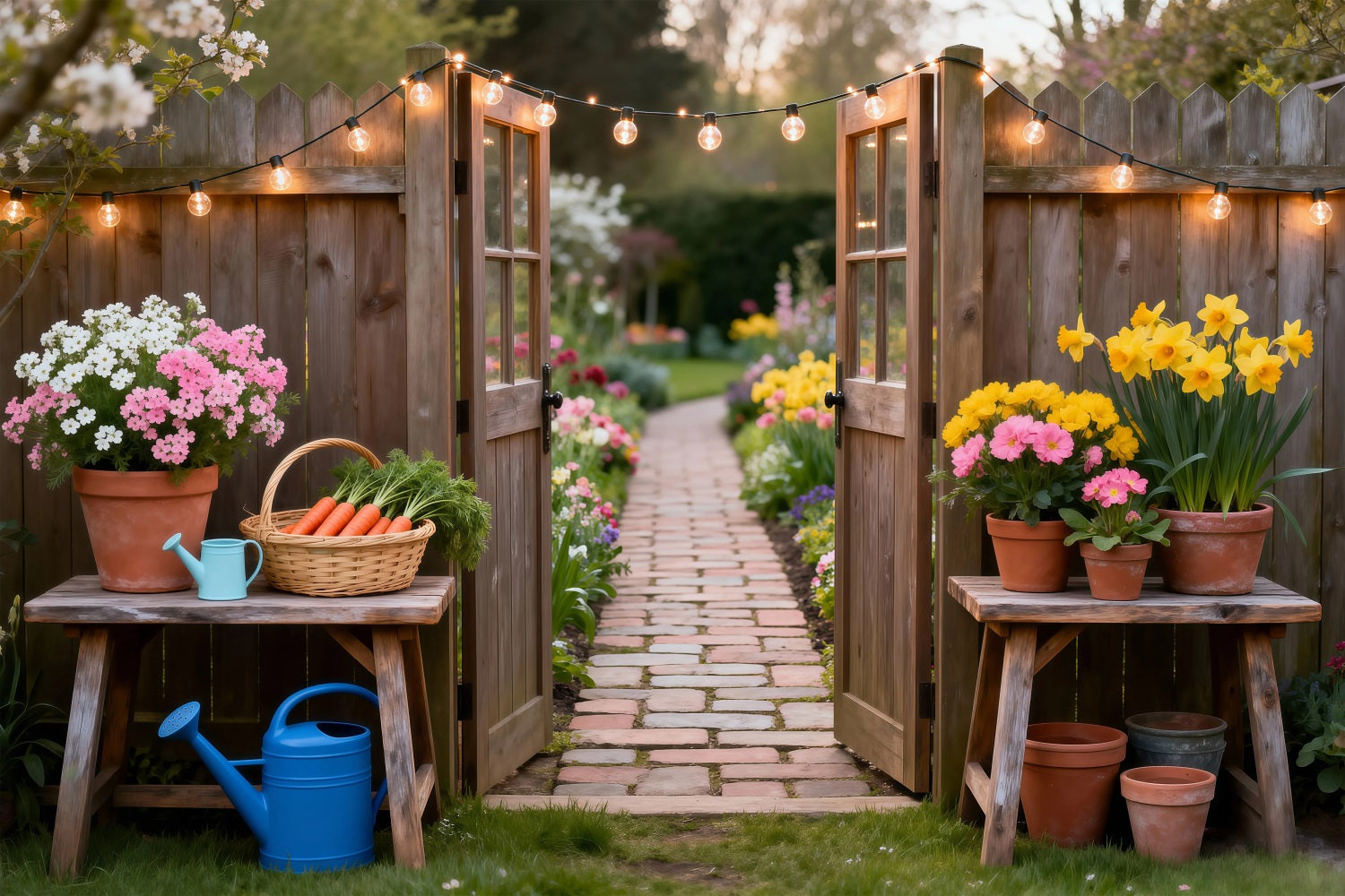Fond Studio Grange Printanière Entrée Jardin Guirlandes Lumineuses RR62-30