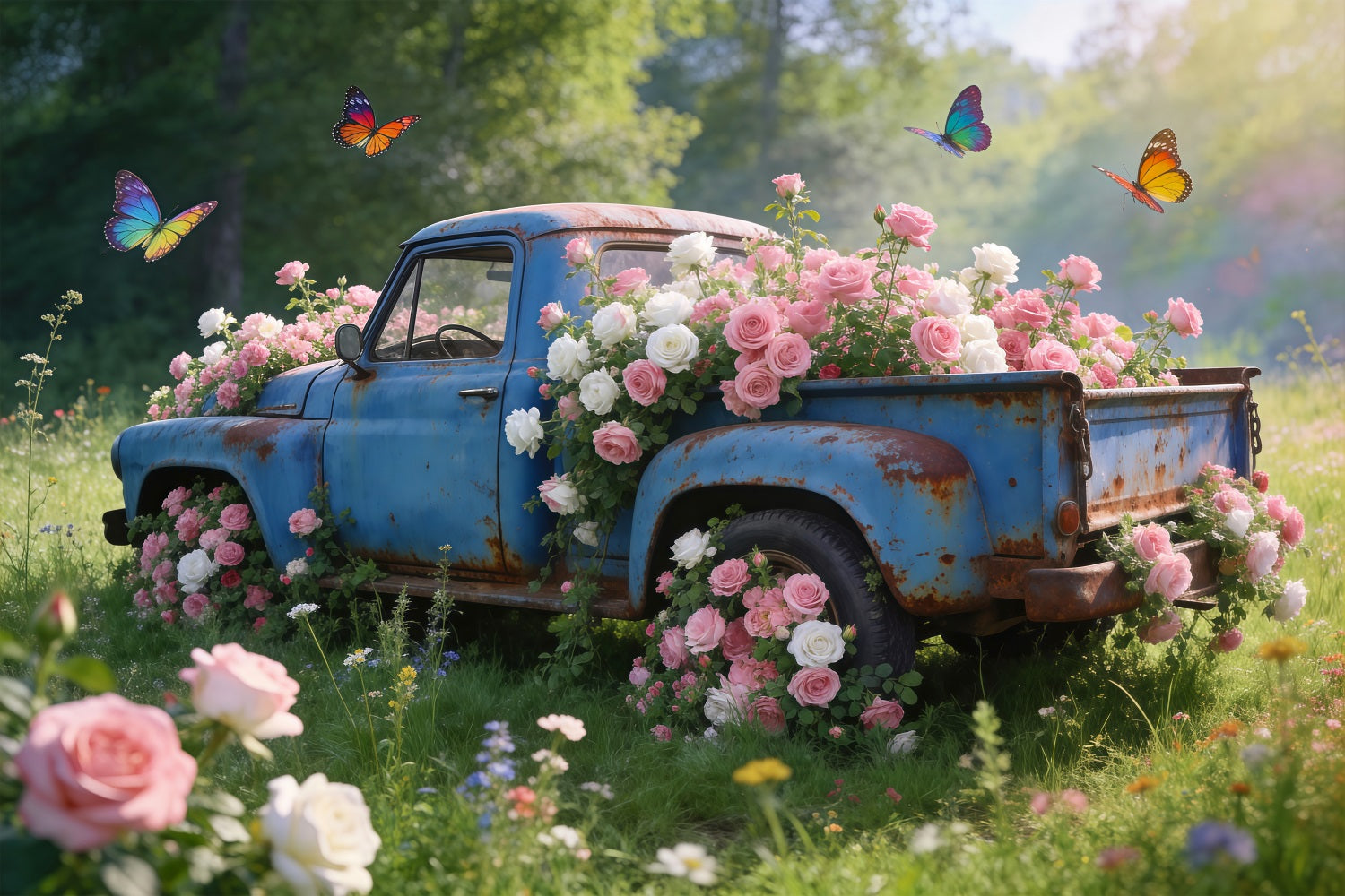 Fond Photo Fleurs Sauvages Camion Bleu Vintage Prairie De Roses RR62-31