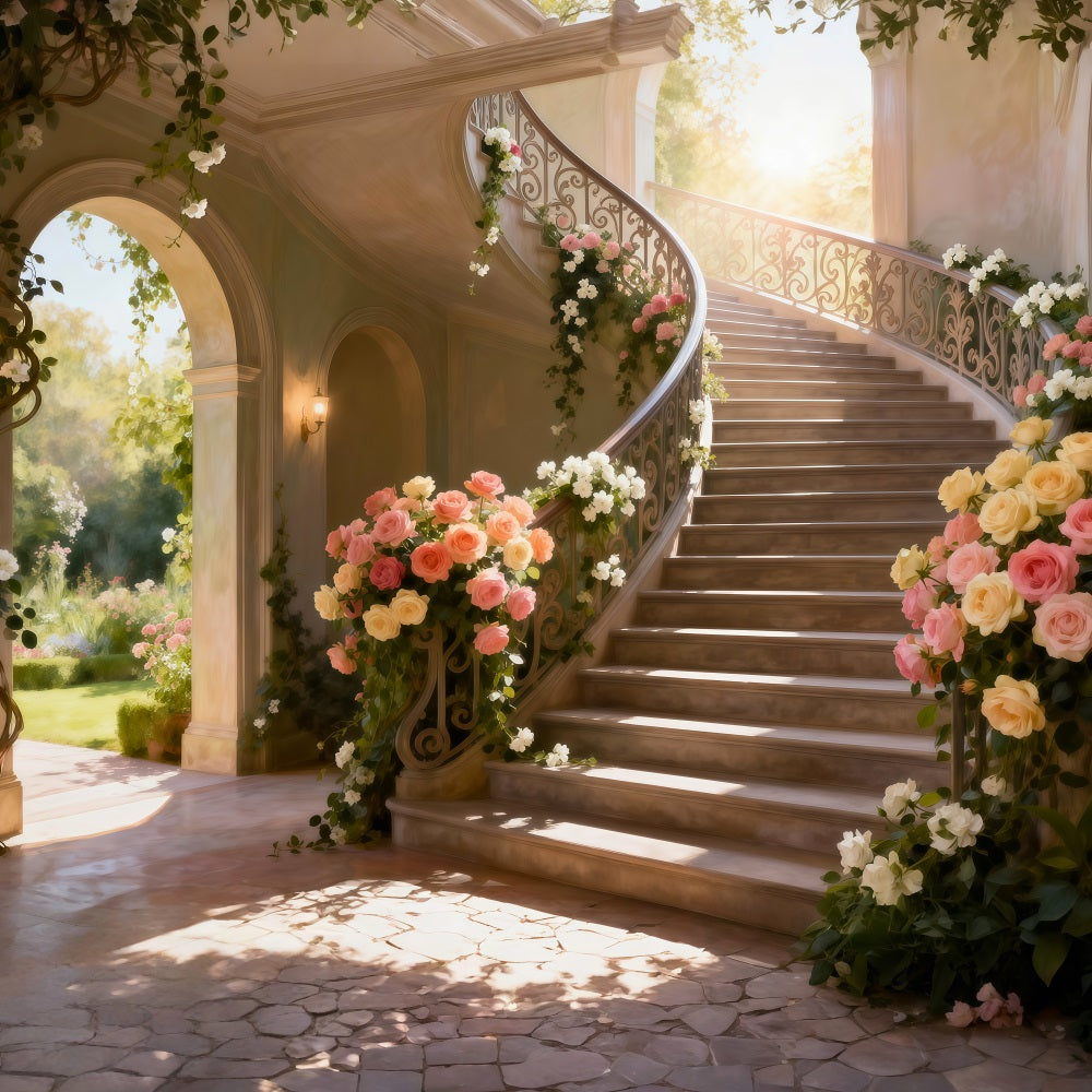 Toile de Fond Vacances de Printemps Escalier Grandiose Fleurs Soleil RR62-39