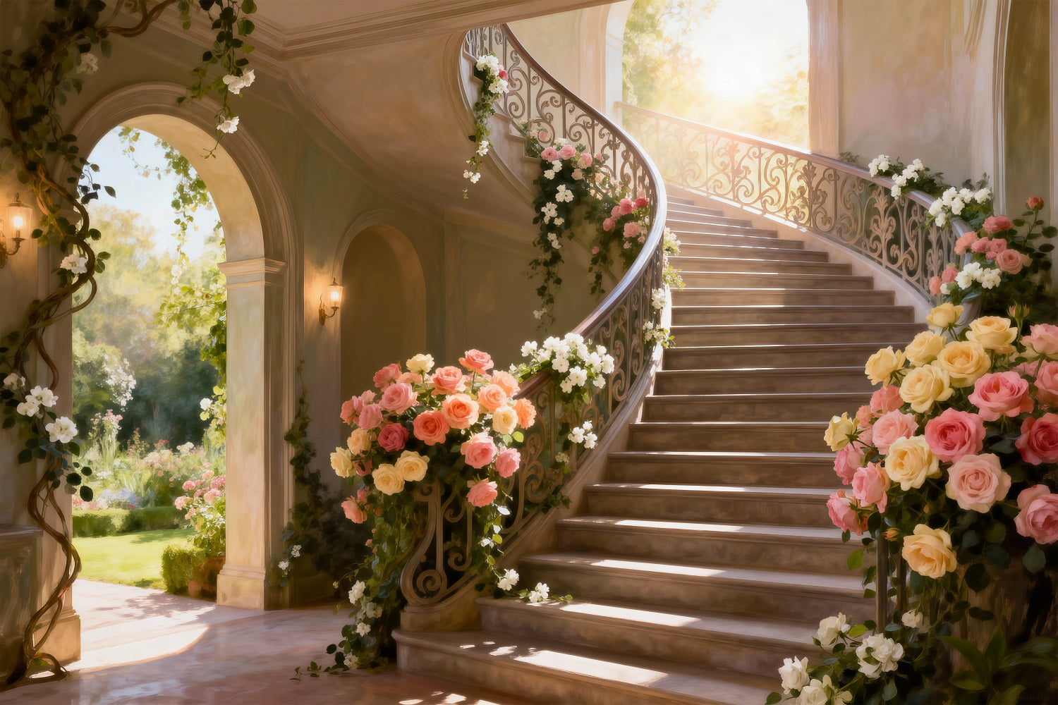 Toile de Fond Vacances de Printemps Escalier Grandiose Fleurs Soleil RR62-39