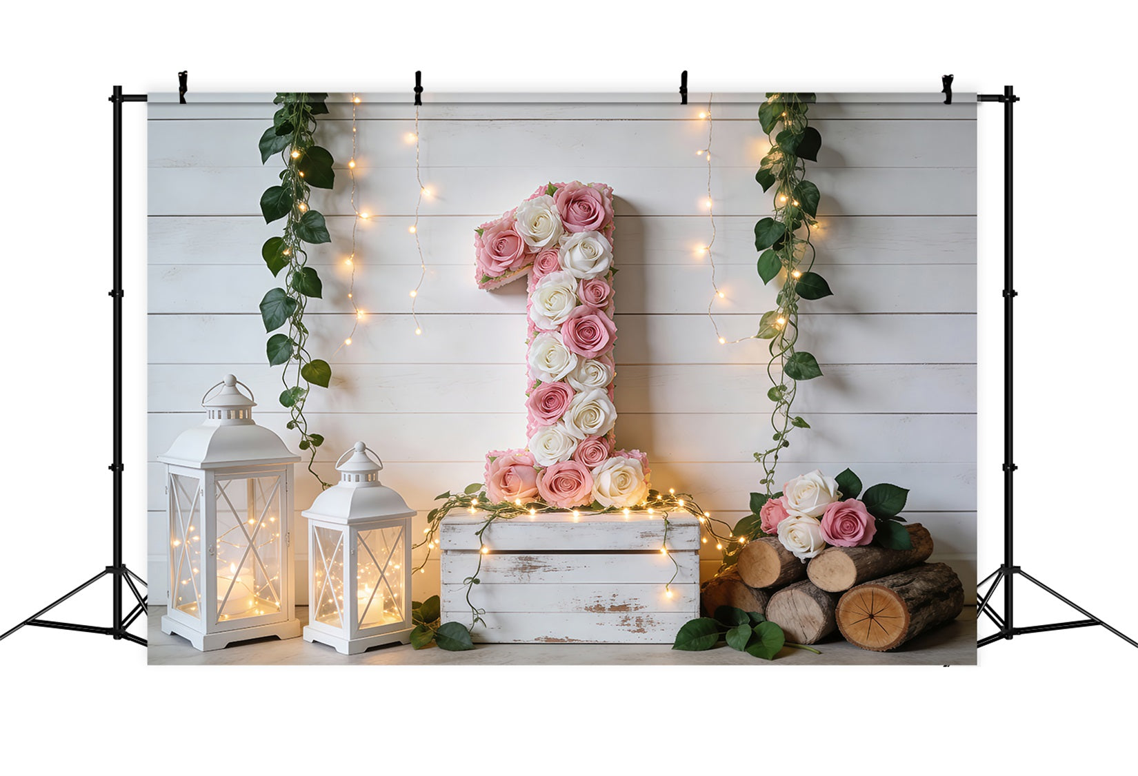 Toile de Fond Anniversaire Printemps Chiffre Un Floral Charme Rustique RR62-4