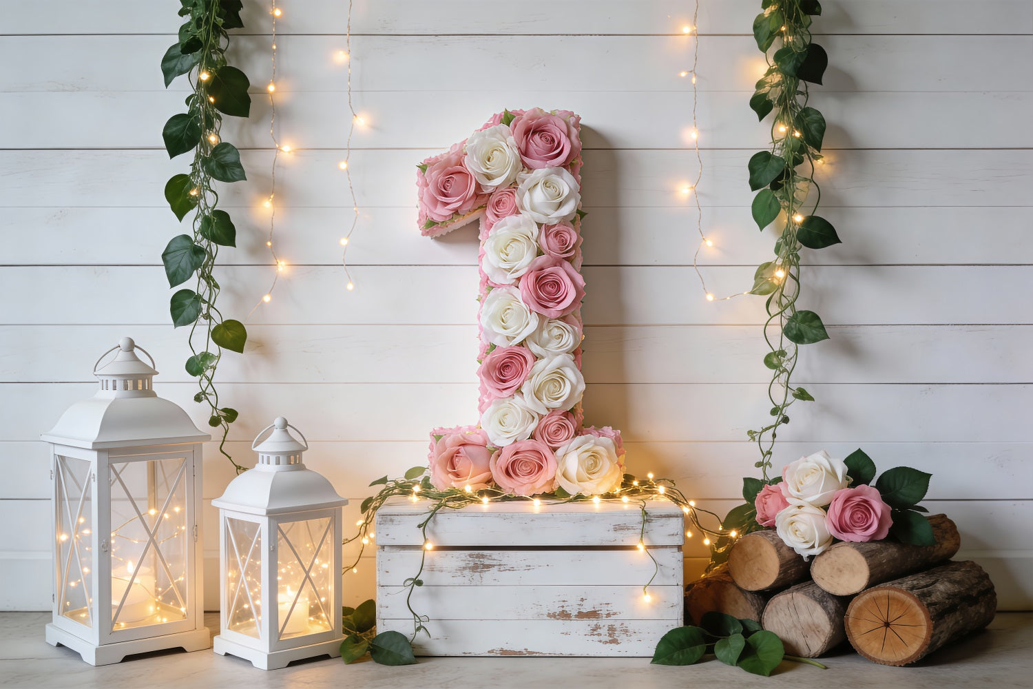 Toile de Fond Anniversaire Printemps Chiffre Un Floral Charme Rustique RR62-4