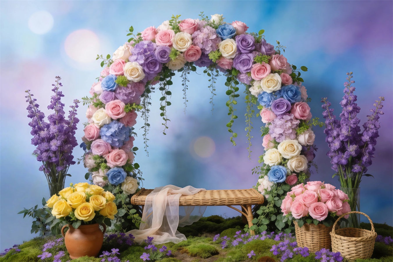 Toile de Fond Guirlande de Fleurs Sauvages Arche Florale Pastel Bokeh RR62-41