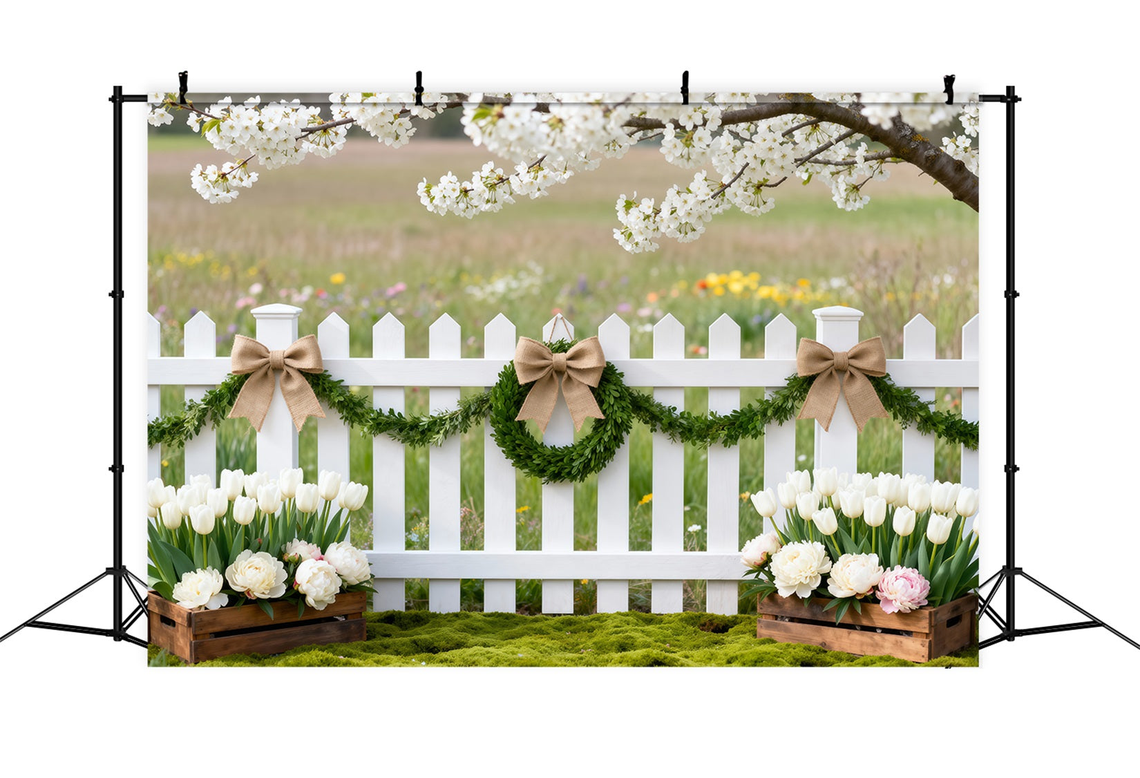 Fond Studio Fleurs de Cerisier Clôture Prairie Fleurs Sauvages Tulipees RR62-47