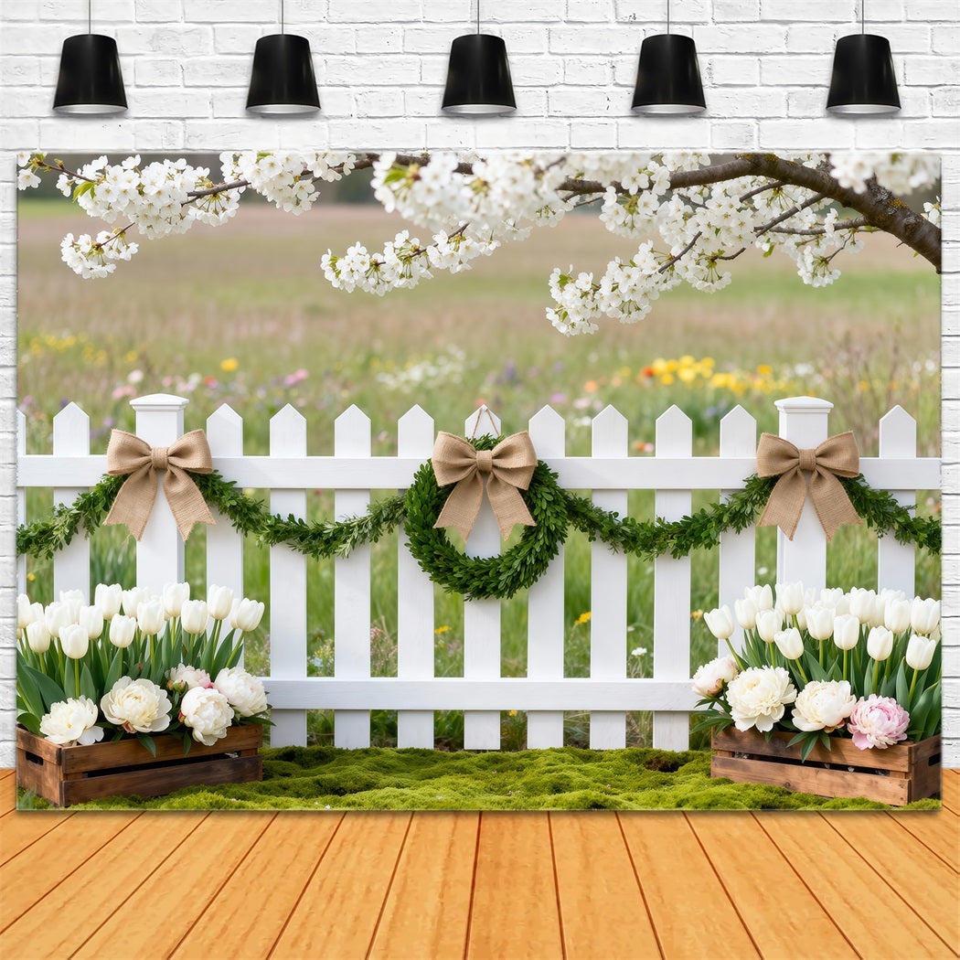 Fond Studio Fleurs de Cerisier Clôture Prairie Fleurs Sauvages Tulipees RR62-47