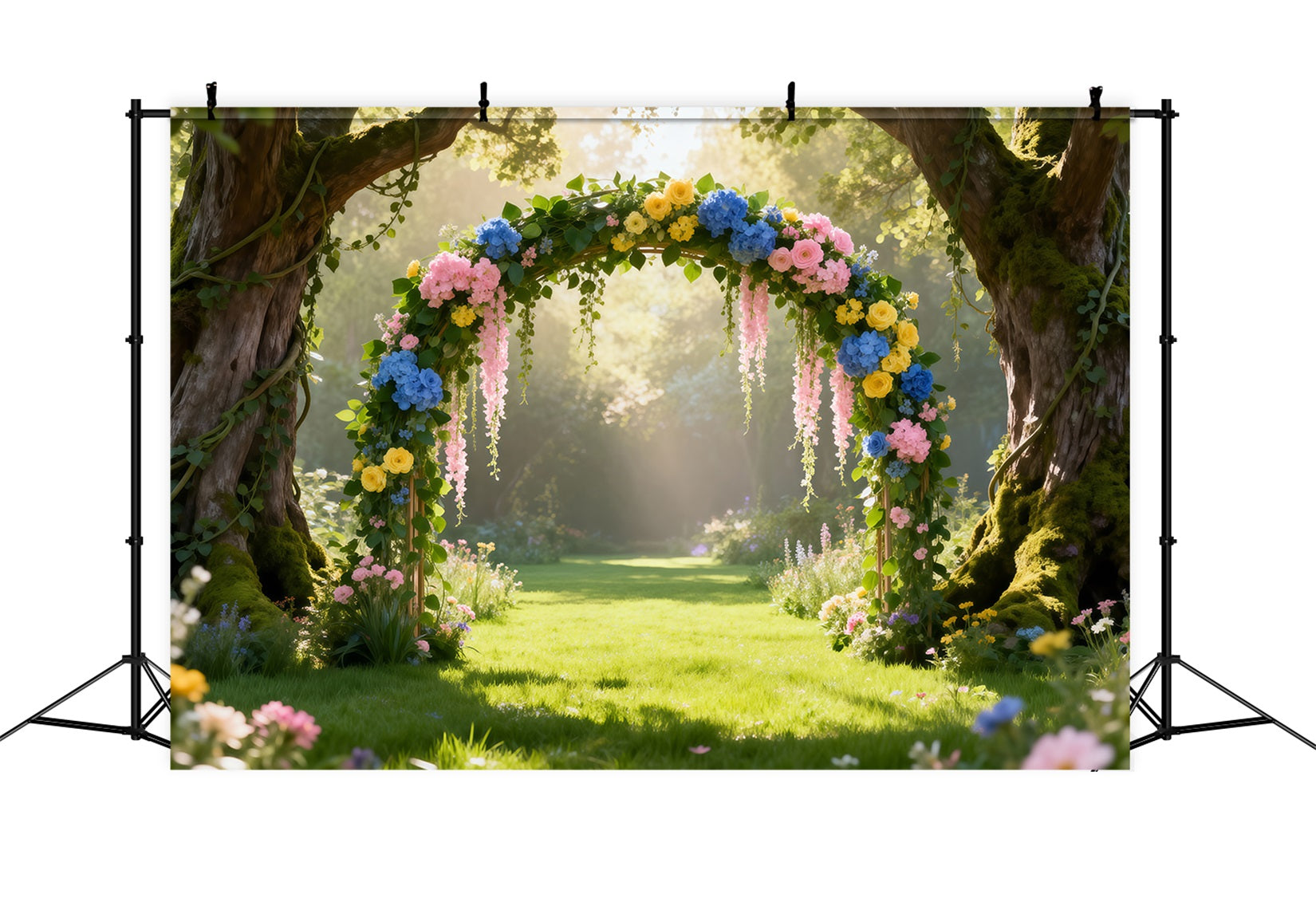 Toile de Fond Sentier Forêtier Printanier Arche Florale Forêt Ensoleillée RR62-48