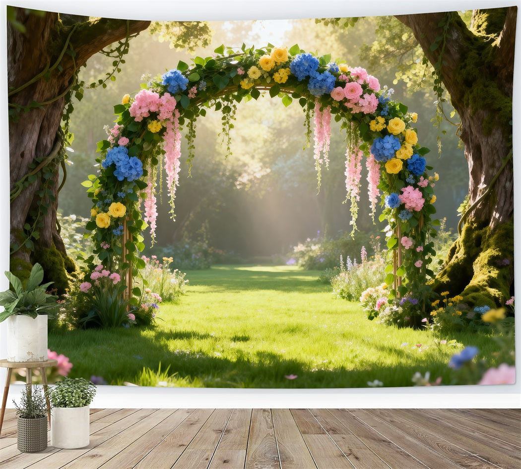 Toile de Fond Sentier Forêtier Printanier Arche Florale Forêt Ensoleillée RR62-48