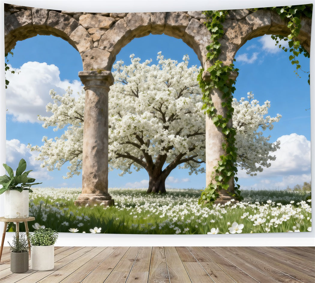 Fond Photo Cerisier en Fleurs Triple Arche Pierre Nuages RR62-49