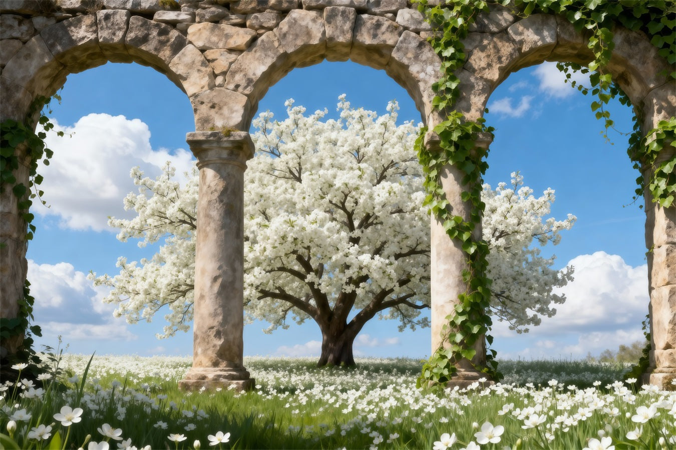Fond Photo Cerisier en Fleurs Triple Arche Pierre Nuages RR62-49
