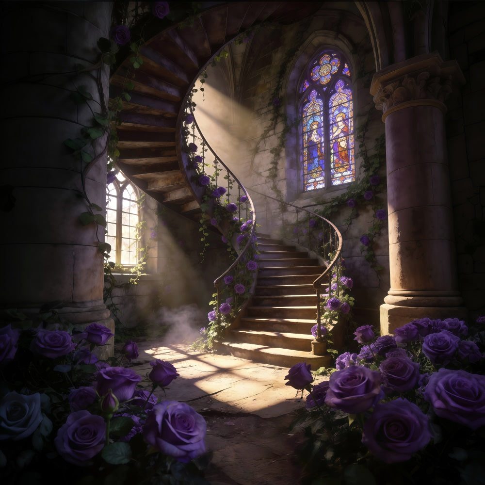 Fond Studio Fleurs de Printemps Escalier En Spirale Roses Violettes RR62-50