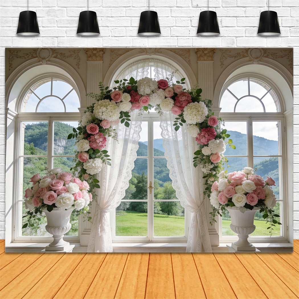Fond Studio Mariage Printanier Fenêtre Classique Arche Roses Rideaux RR62-6