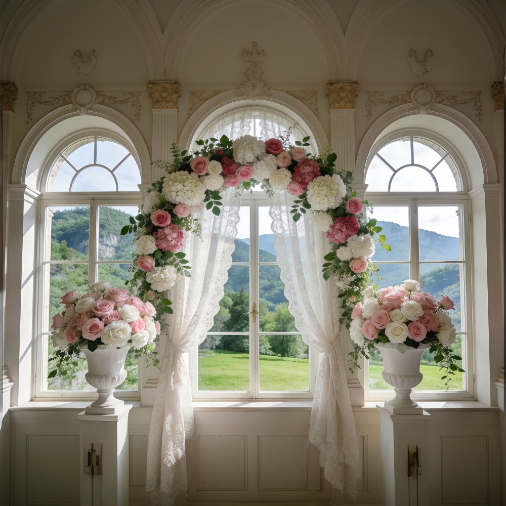 Fond Studio Mariage Printanier Fenêtre Classique Arche Roses Rideaux RR62-6