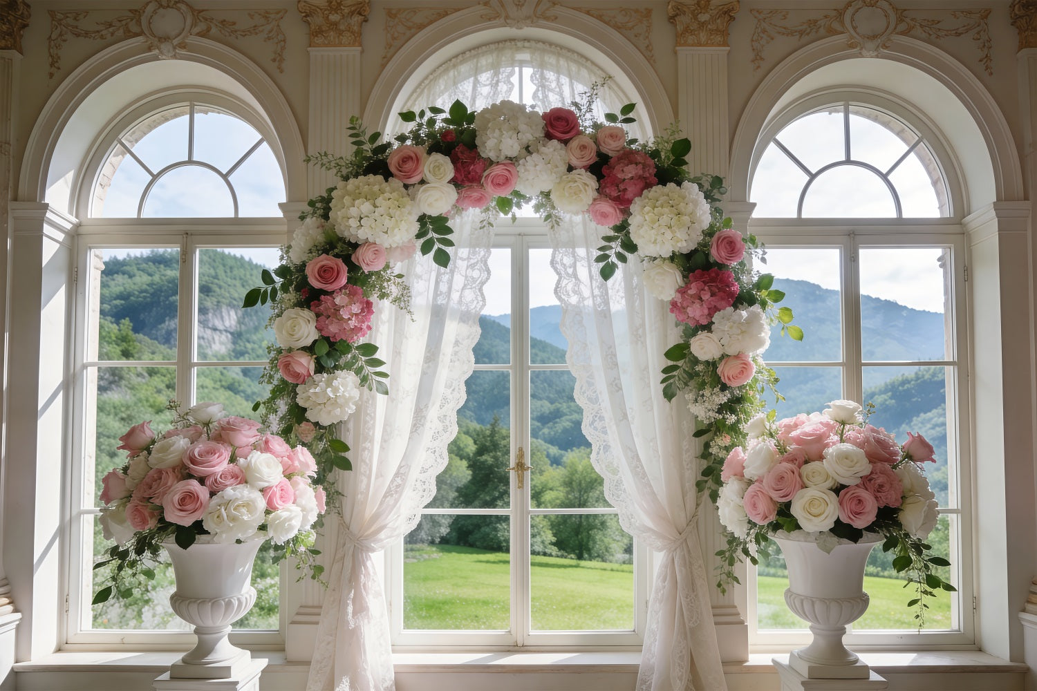 Fond Studio Mariage Printanier Fenêtre Classique Arche Roses Rideaux RR62-6