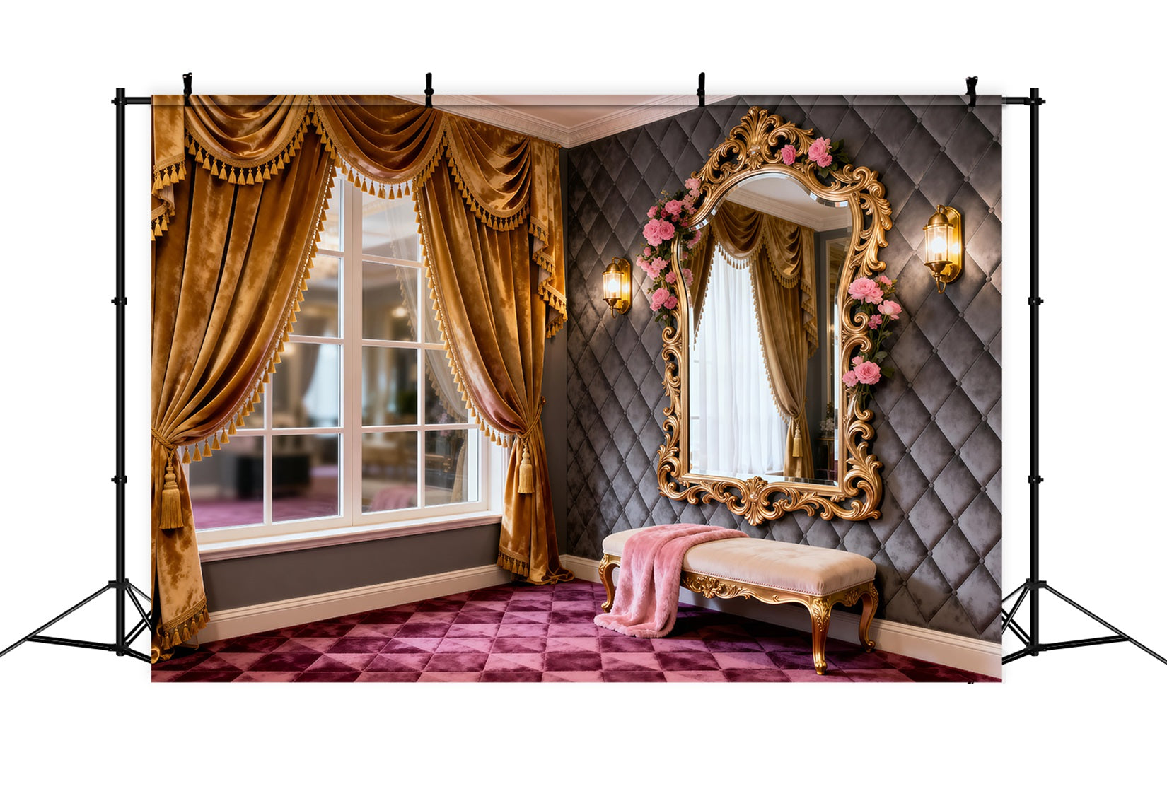 Toile de fond Studio Boudoir Coiffeuse Fenêtre Dorée Miroir Rose RR62-78