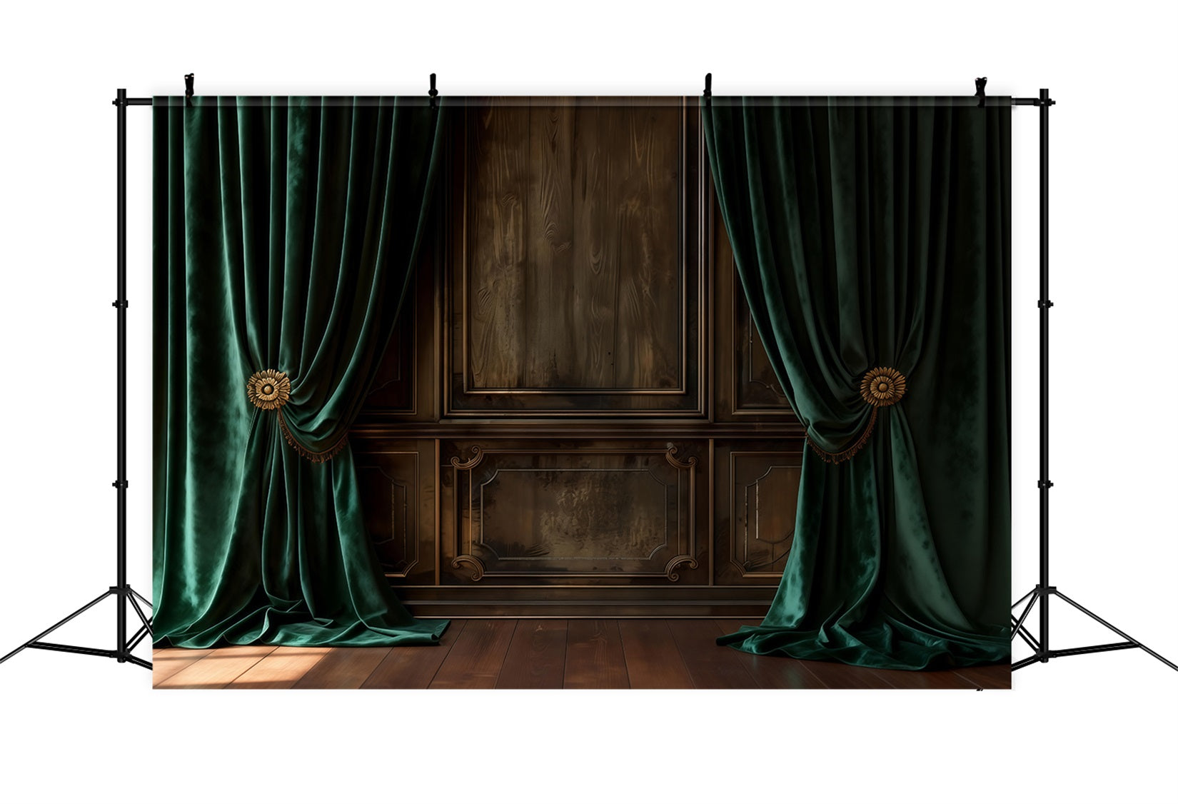 Fond Studio Boudoir Mur Bois Drapé Velours Émeraude RR62-85