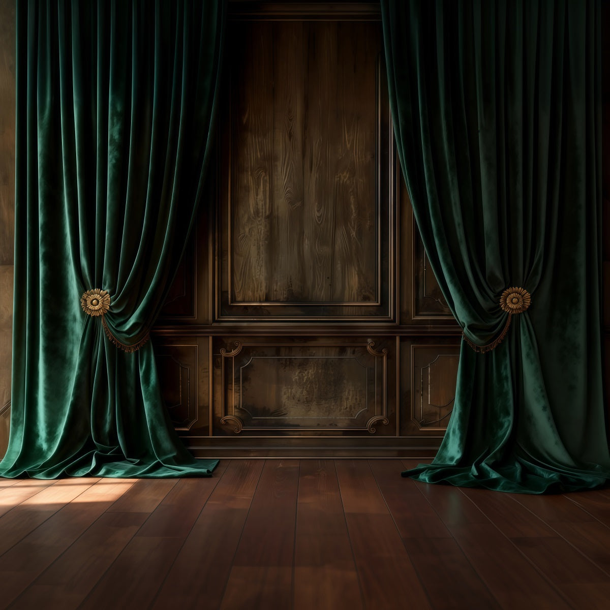 Fond Studio Boudoir Mur Bois Drapé Velours Émeraude RR62-85
