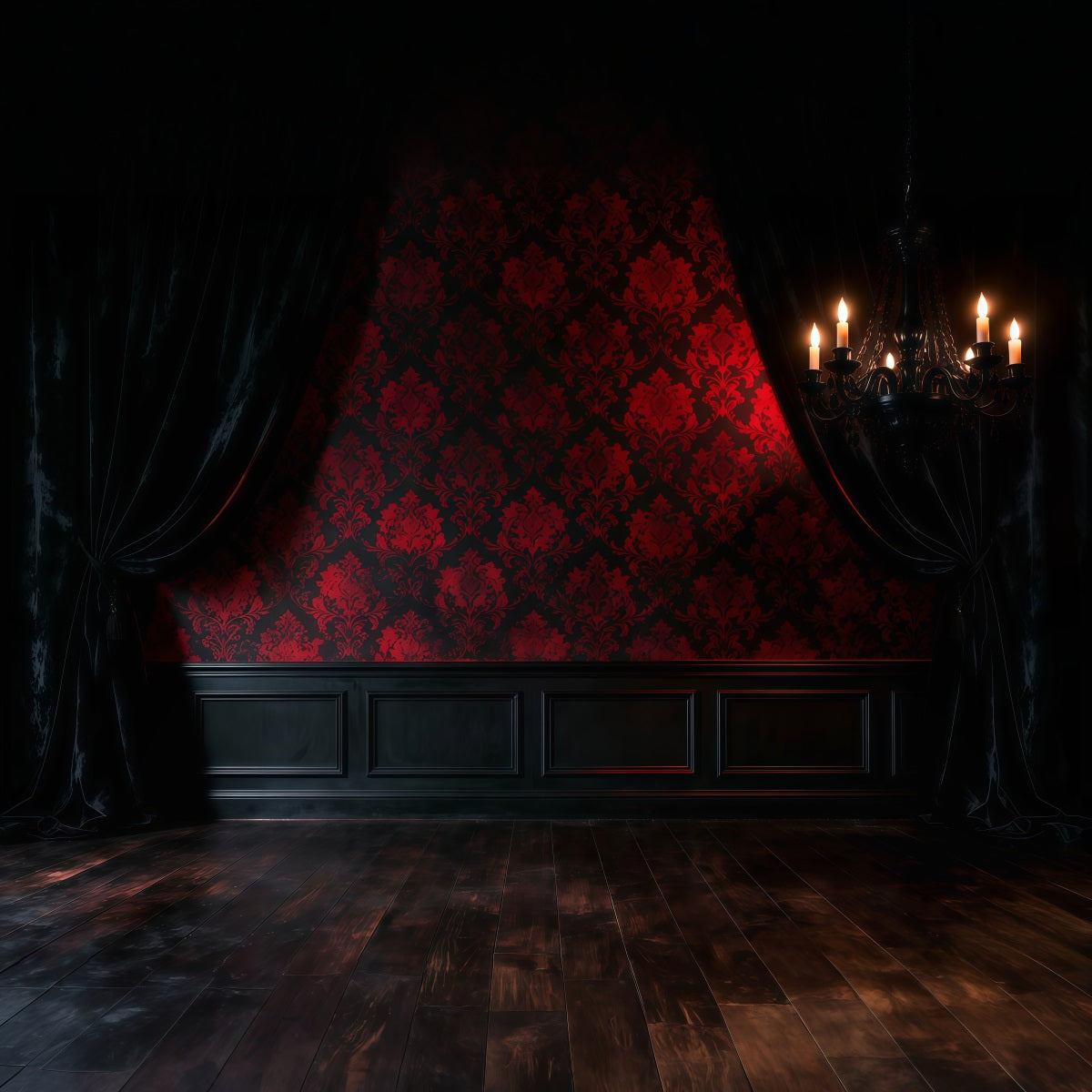 Toile de fond Boudoir Lustre Ombre Damassé Cramoisi RR62-86