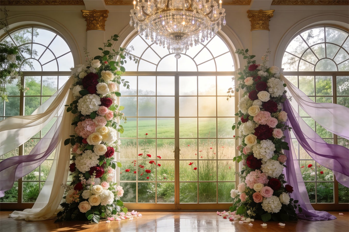 Fond Studio Fleurs de Printemps Fenêtre Cristal Grandiose Arche Florale RR62-9