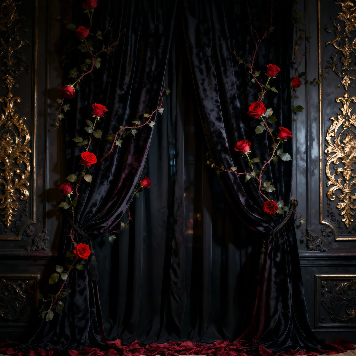 Fond Photo Boudoir Mur Rideau Velours Noir Roses RR62-92
