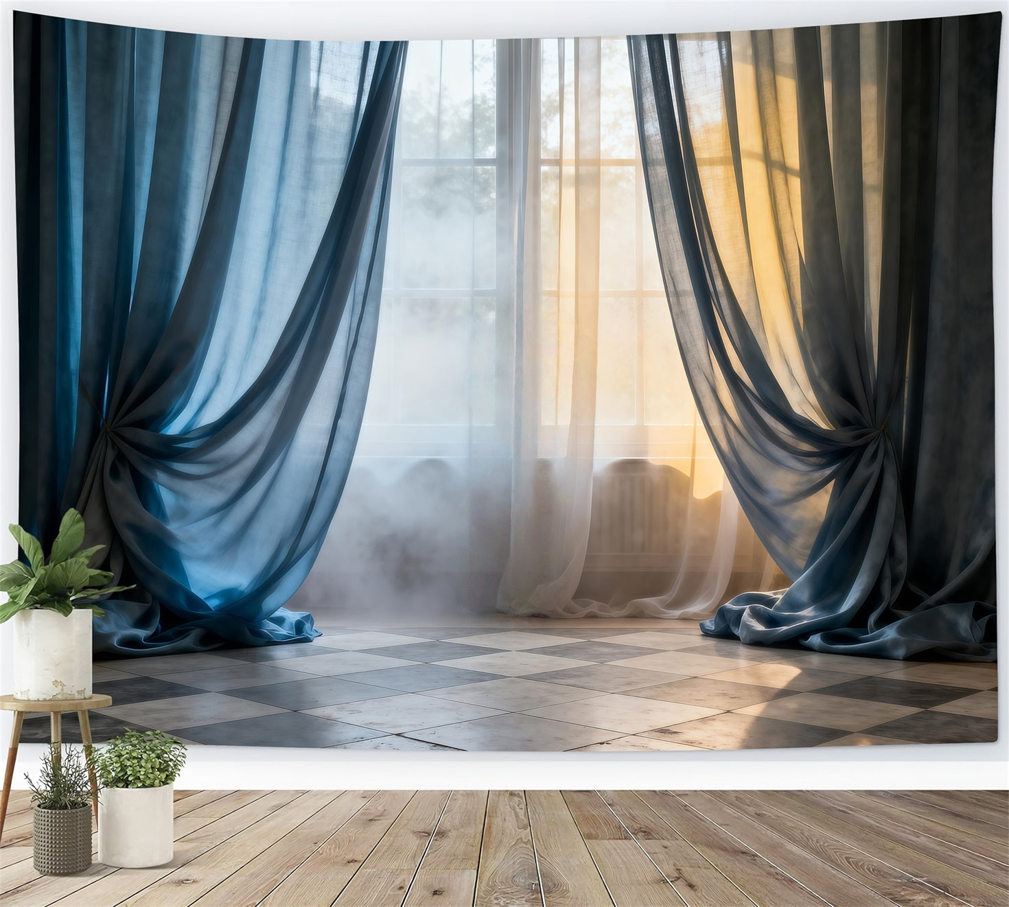 Toile de fond Studio Boudoir Rideaux Fenêtre Voilage Bleu RR62-93