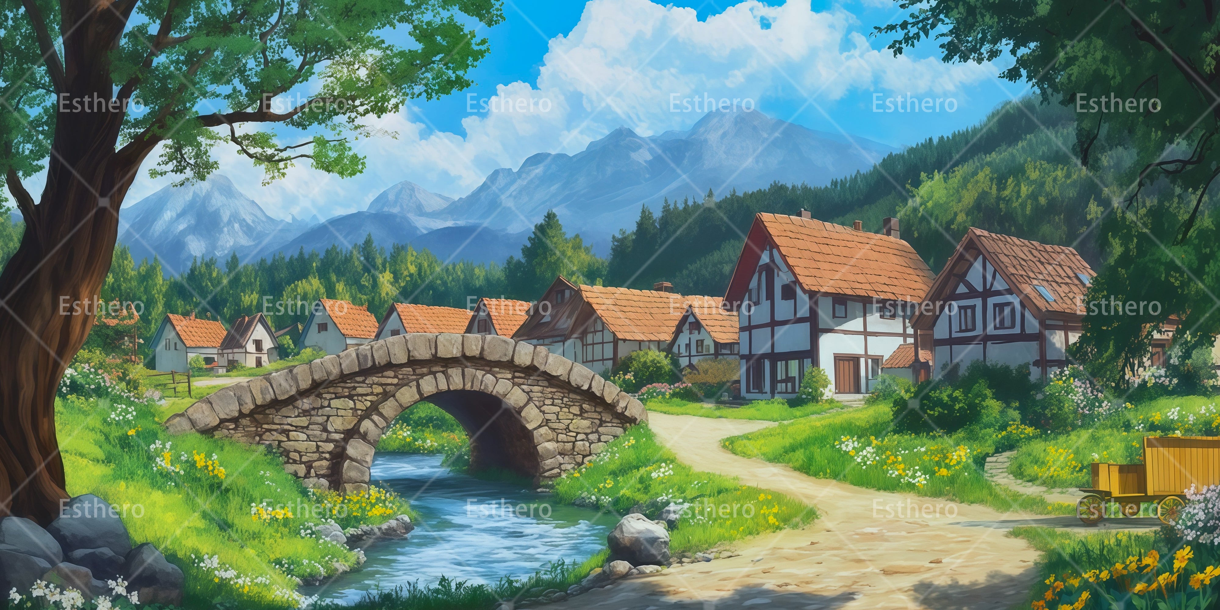 Décor de village pittoresque pour spectacle scolaire RR66-T75