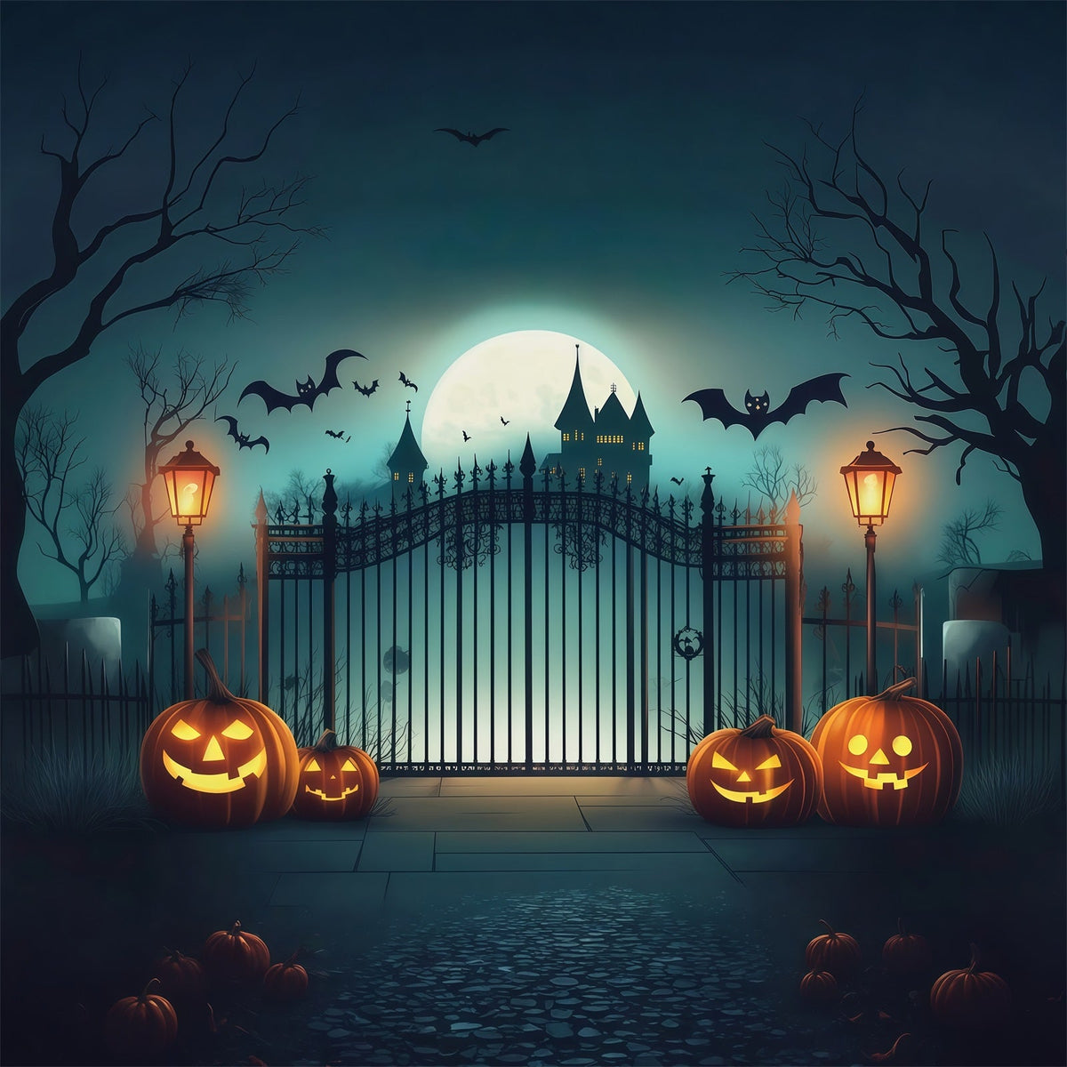 Décor Photo D'HalloweenPorte De Château Hanté Citrouilles Décor De Fête D'Halloween RR67-10
