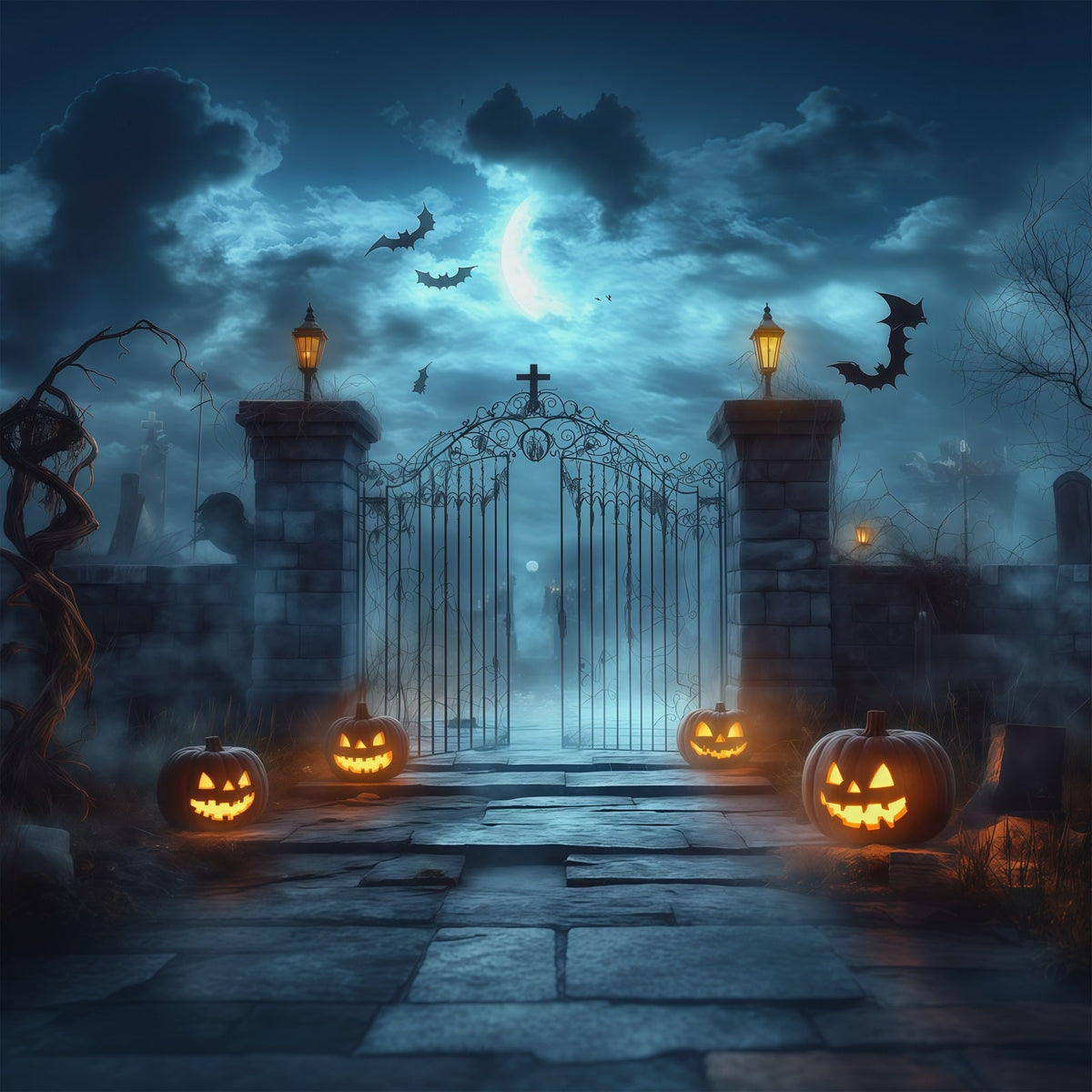 Décor Extérieur D'Halloween Porte De Cimetière Brumeuse Citrouilles Décors Pour Photos D'Halloween RR67-11