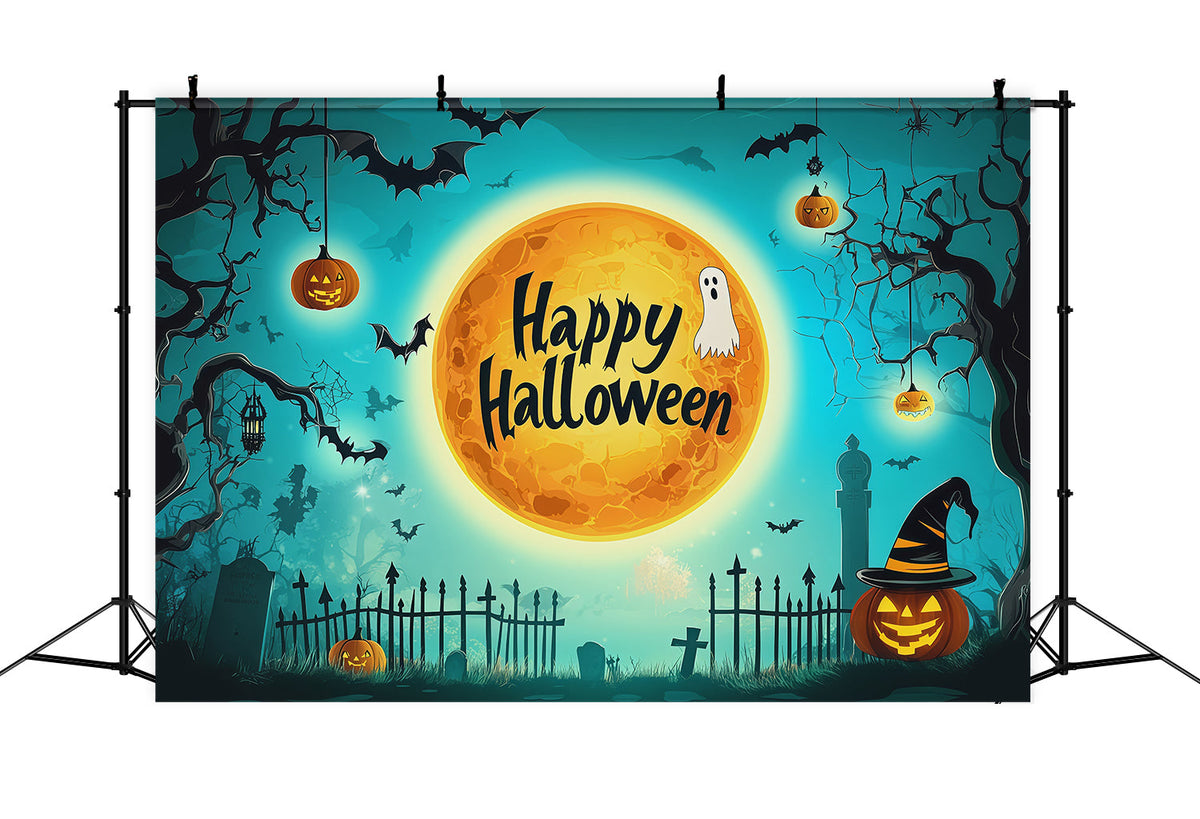 Fond Photo D'Halloween Avec Silhouette De Cimetière Et Lune Turquoise RR67-110