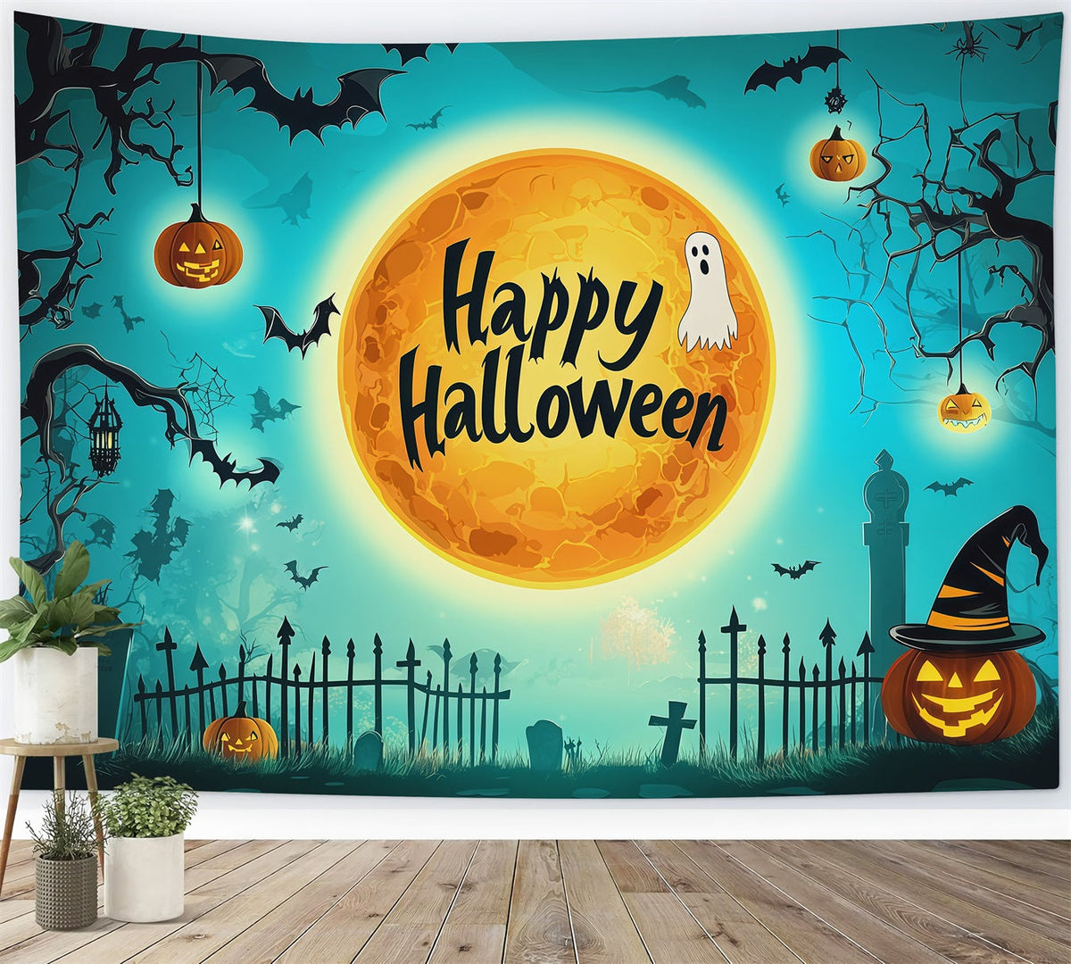 Fond Photo D'Halloween Avec Silhouette De Cimetière Et Lune Turquoise RR67-110