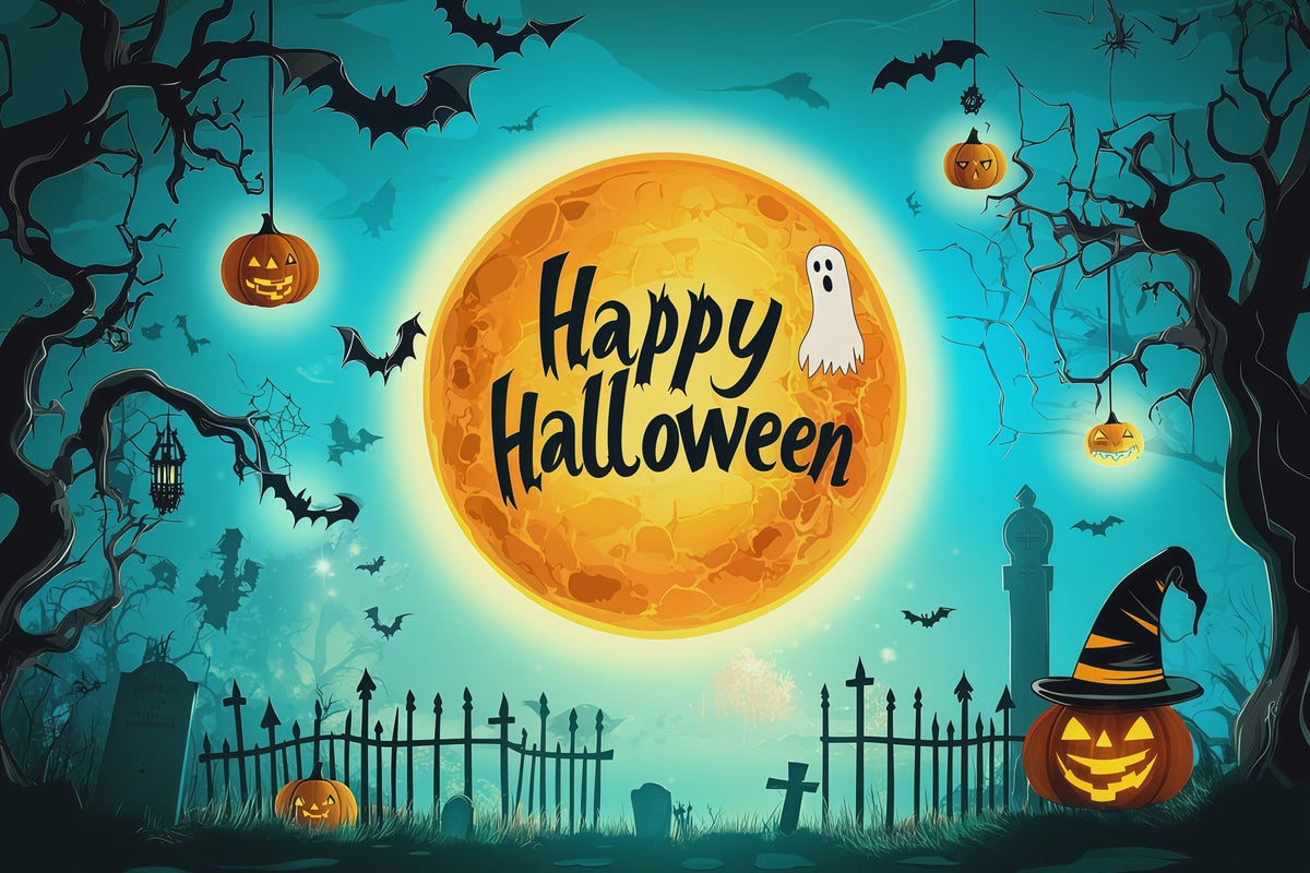 Fond Photo D'Halloween Avec Silhouette De Cimetière Et Lune Turquoise RR67-110