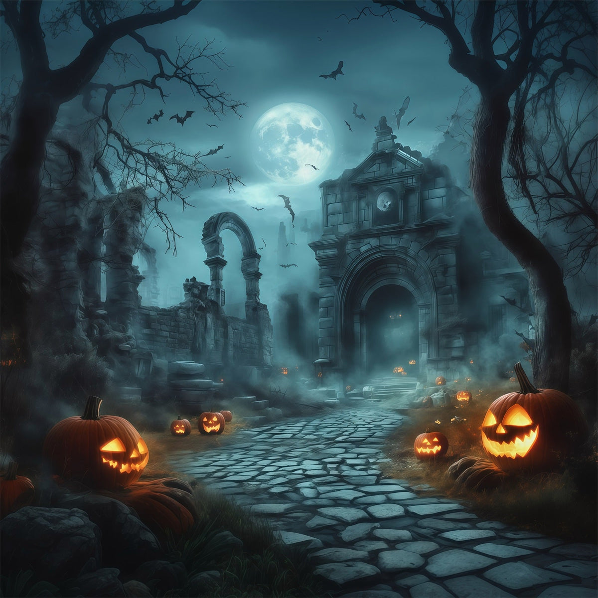 Décor Extérieur D'Halloween Pour Photos Ruines Au Clair De Lune Chemin De Citrouilles RR67-111