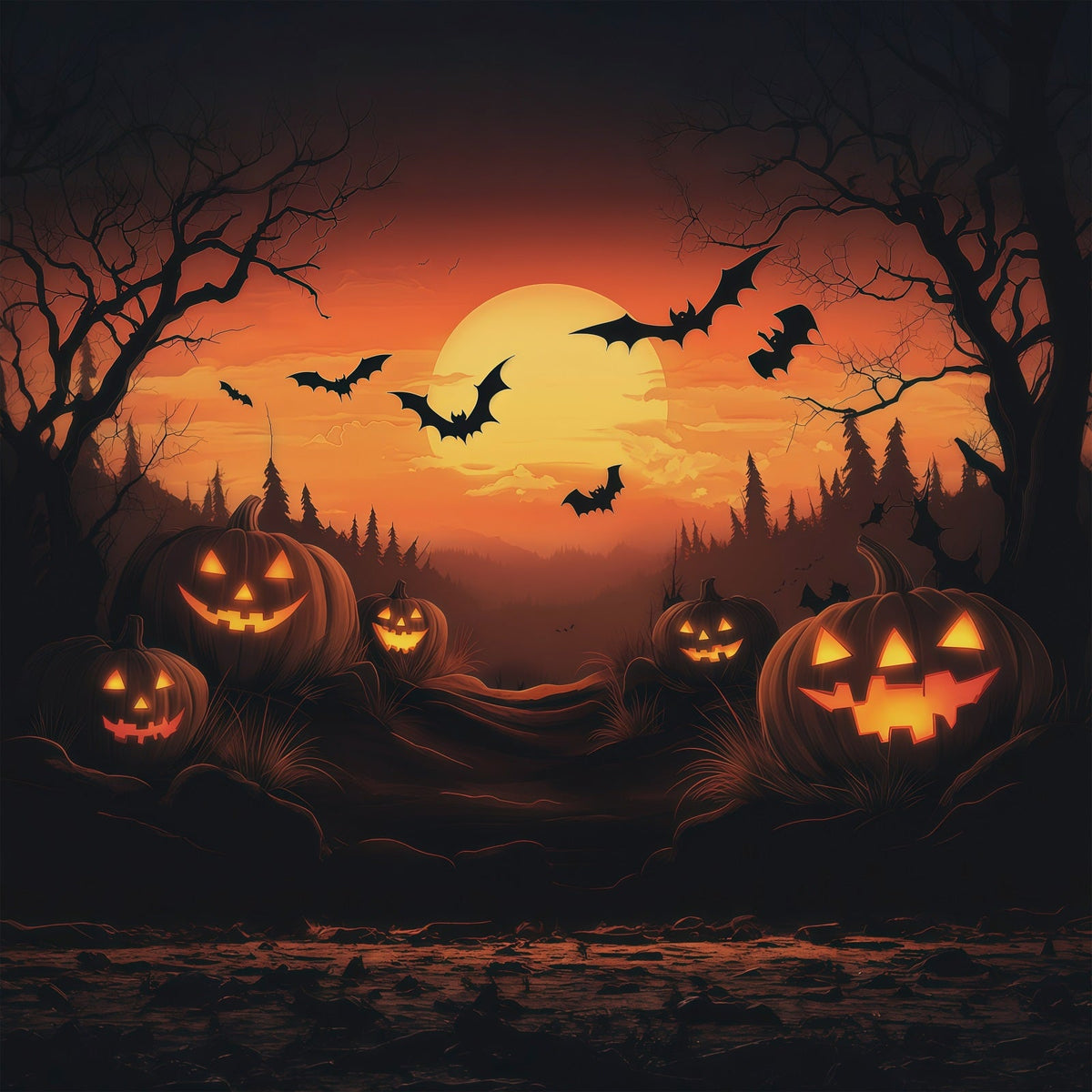 Idées De Décors Pour Photomaton D'Halloween Coucher De Soleil Citrouille Forêt De Chauves-Souris RR67-115