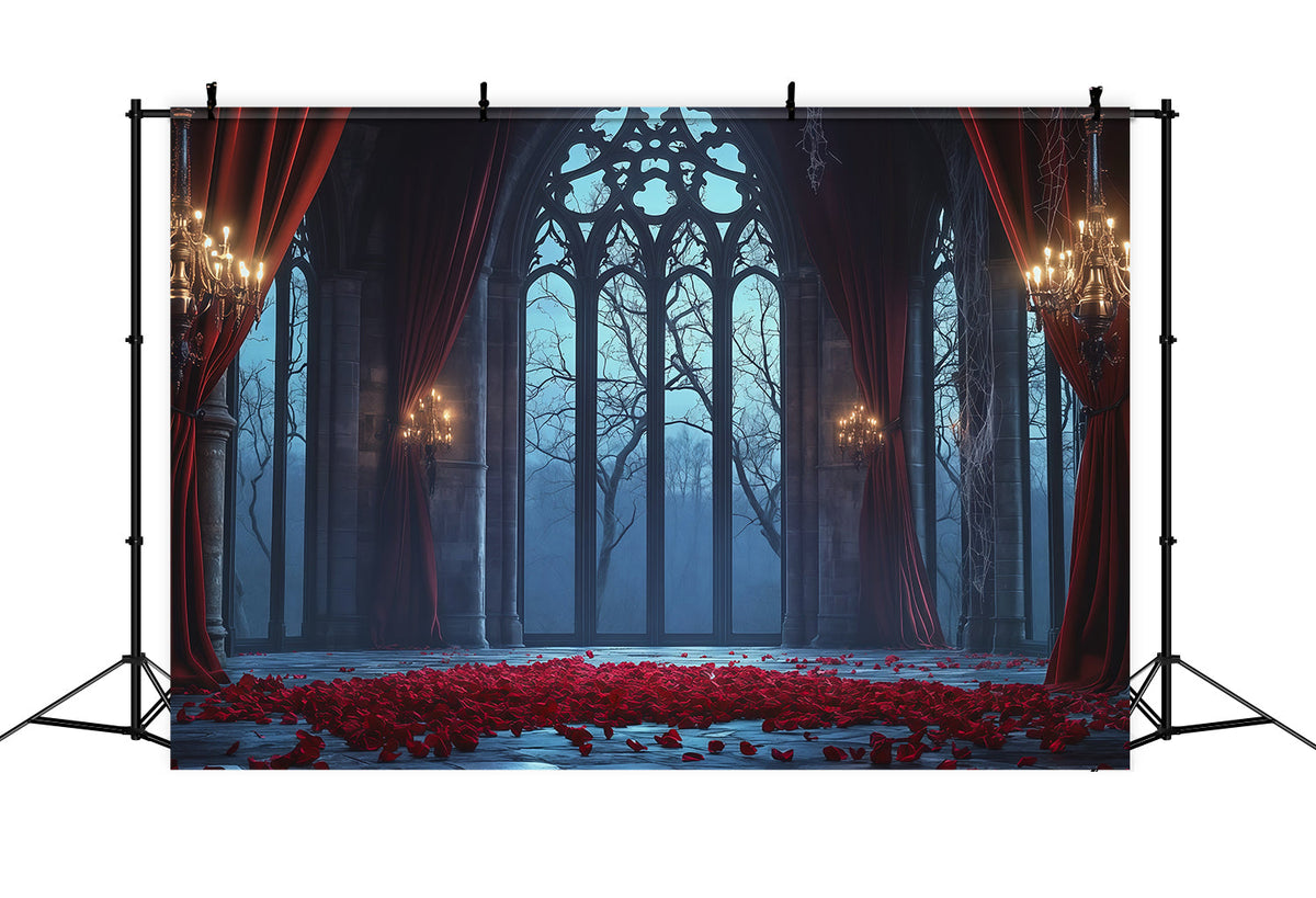 Décor De Château D'Halloween Grande Salle Avec Fenêtre En Rosace Gothique RR67-116