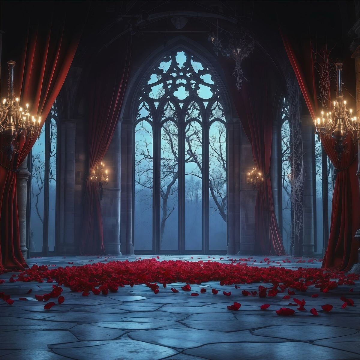 Décor De Château D'Halloween Grande Salle Avec Fenêtre En Rosace Gothique RR67-116