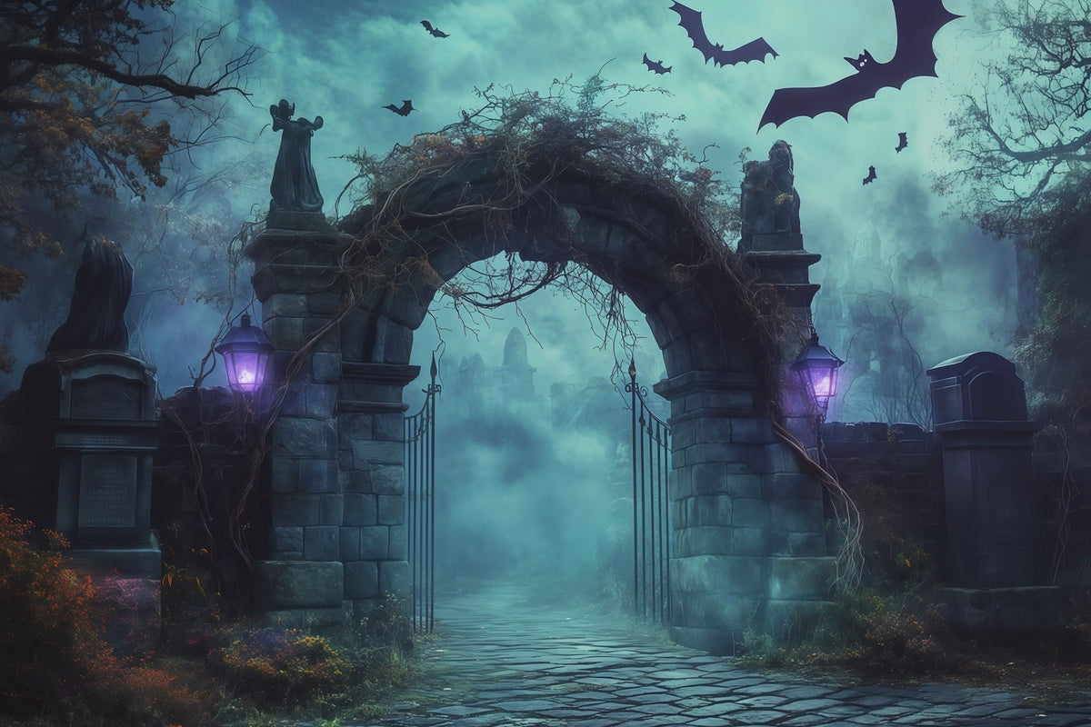 Décor Photo D'Halloween En Extérieur Arche De PieRRe Dans Un Cimetière Brumeux RR67-121