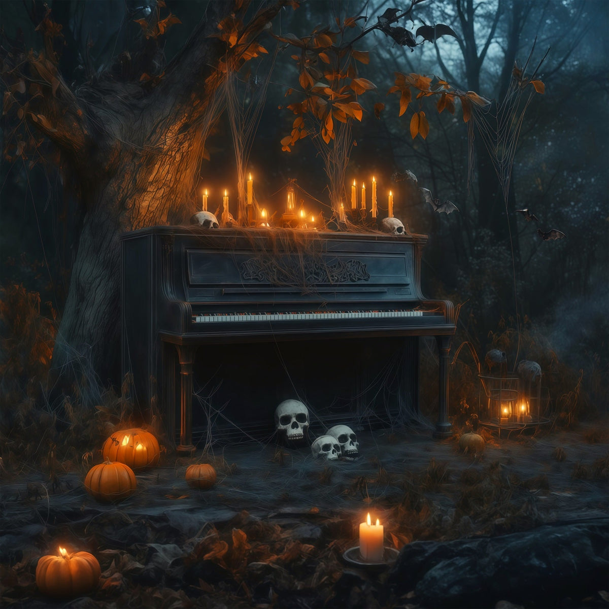 Décor De Cimetière D'Halloween Avec Piano Éclairé Aux Chandelles Forêt De Crânes Et Photomaton RR67-122