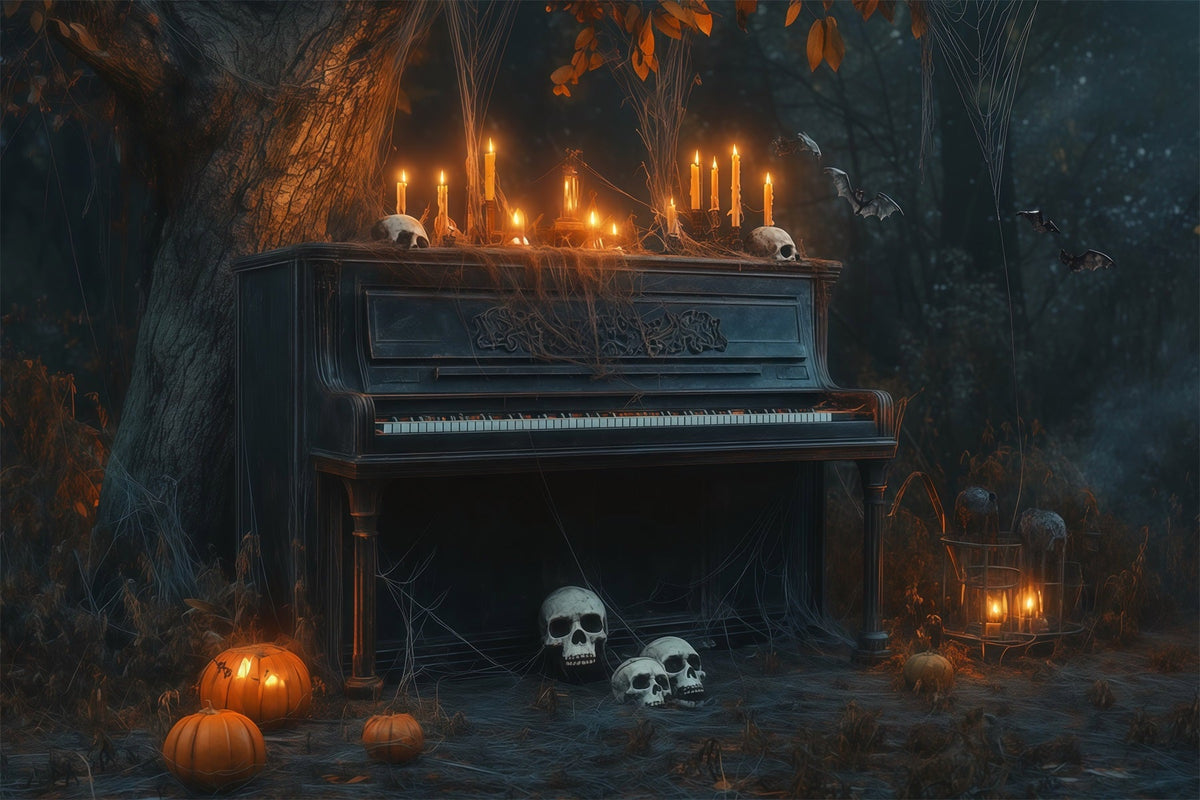 Décor De Cimetière D'Halloween Avec Piano Éclairé Aux Chandelles Forêt De Crânes Et Photomaton RR67-122