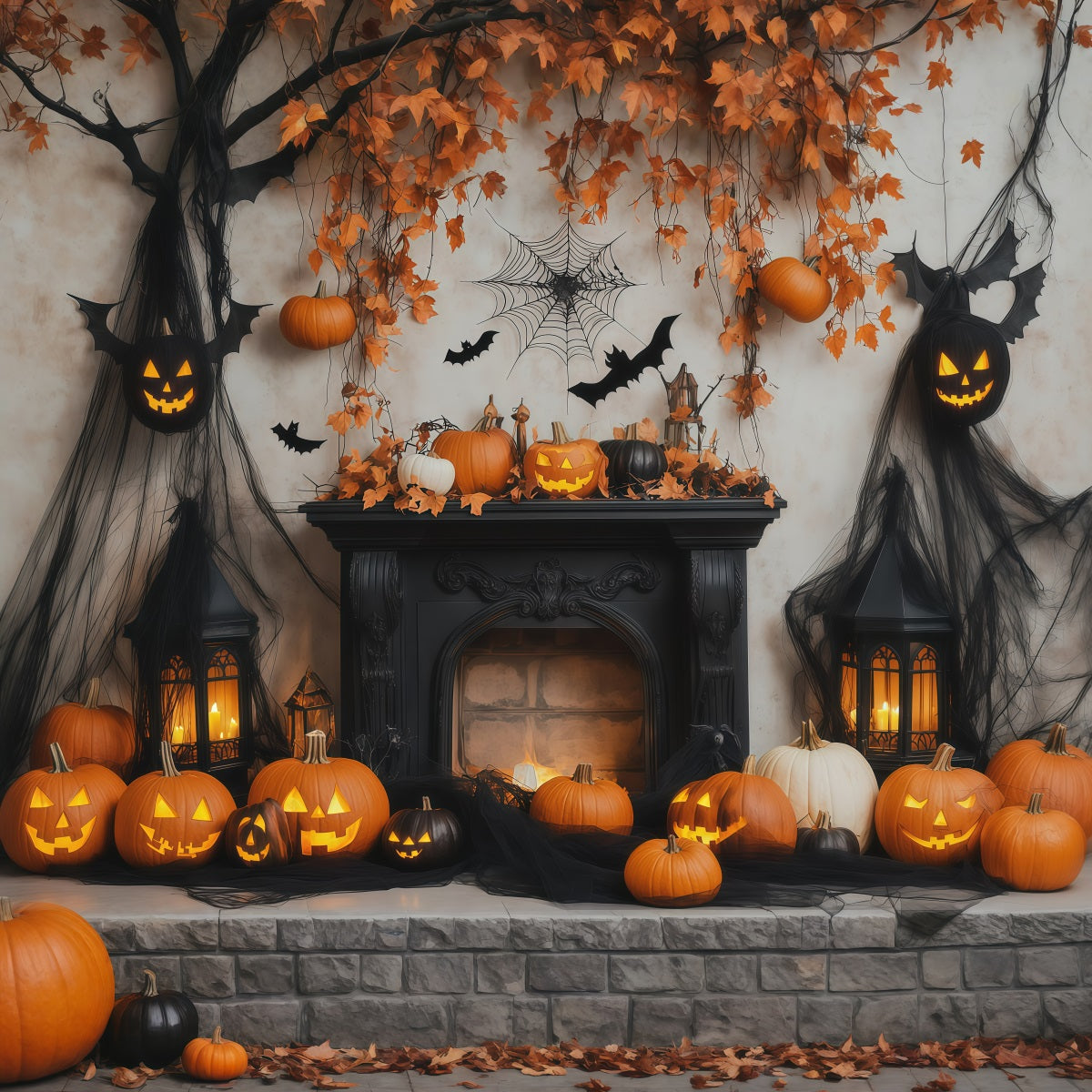 Décor De Fond Pour Photomaton D'Halloween CitrouilleChauve-Souris Cheminée RR67-133