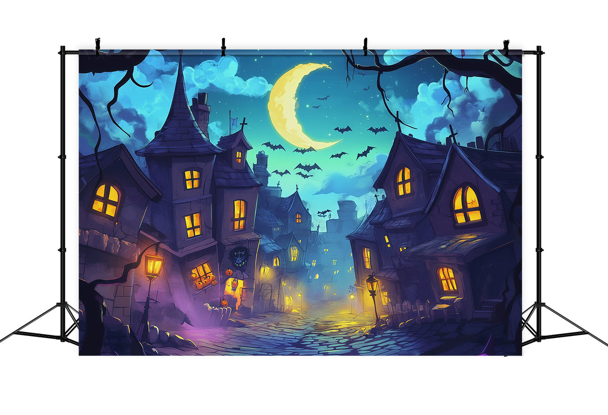 Toiles De Fond Photographiques Pour Halloween Rue Sinueuse Au Clair De Lune Décor De Village D'Halloween RR67-136