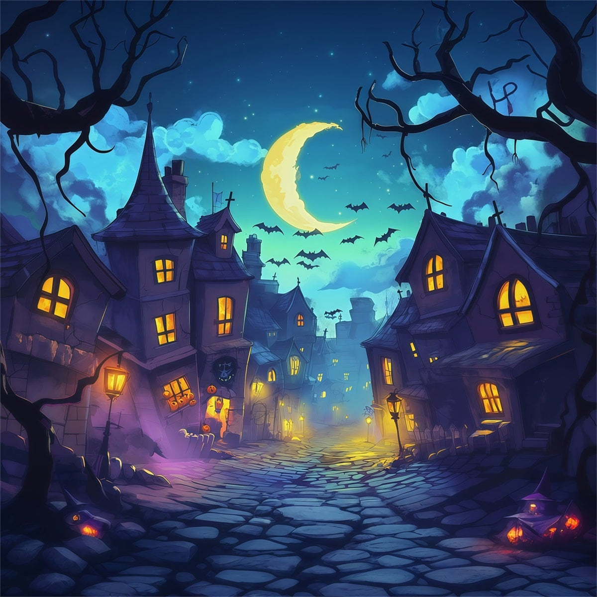 Toiles De Fond Photographiques Pour Halloween Rue Sinueuse Au Clair De Lune Décor De Village D'Halloween RR67-136