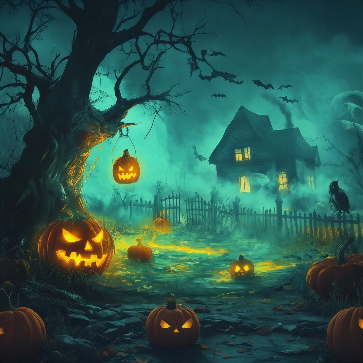 Décor Photographique D'Halloween Citrouille Brumeuse Maison Hantée Décor Effrayant D'Halloween RR67-141