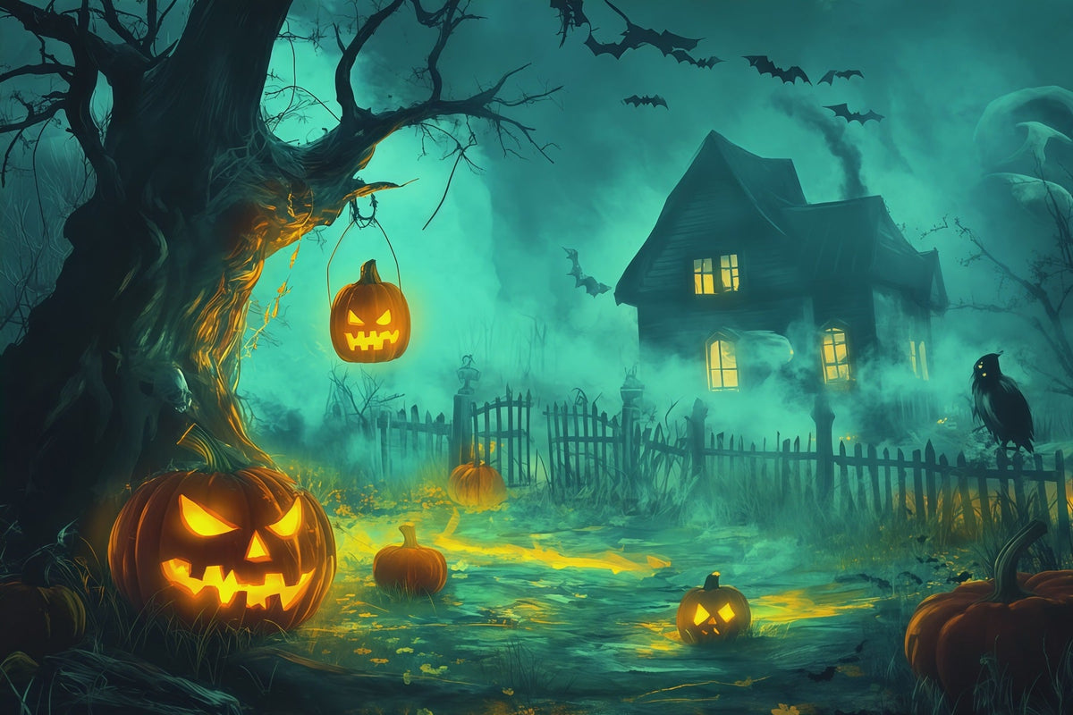 Décor Photographique D'Halloween Citrouille Brumeuse Maison Hantée Décor Effrayant D'Halloween RR67-141